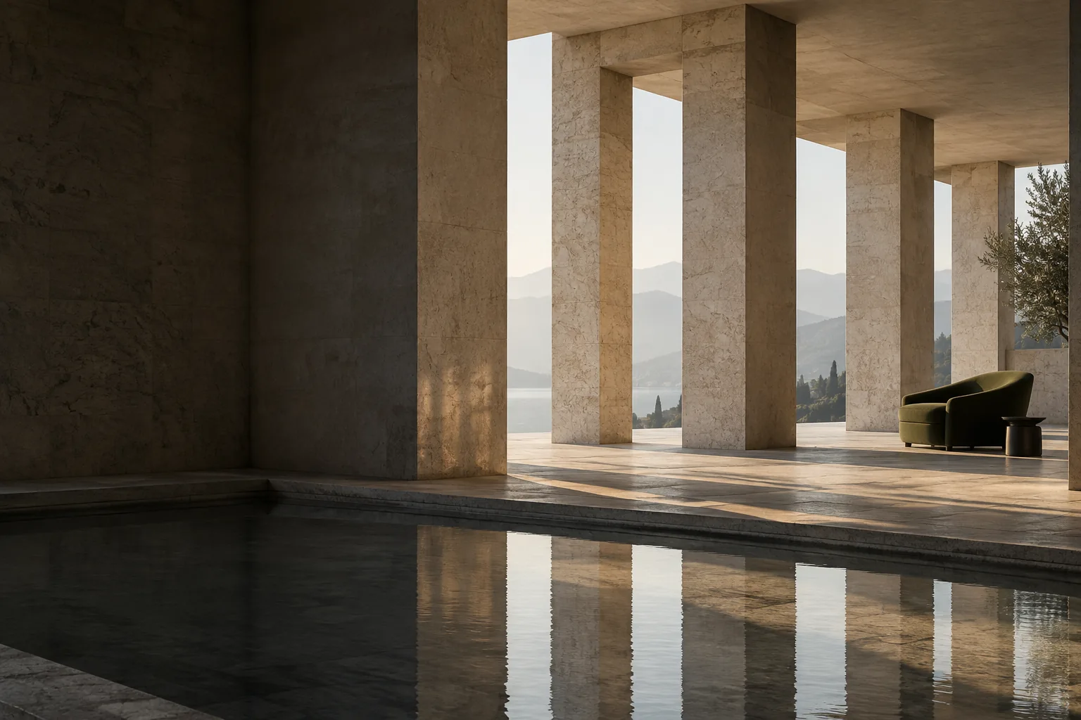 KI-generierte Architektur mit Steinpfeilern und ruhigem Wasser als Symbol für Perspektive.