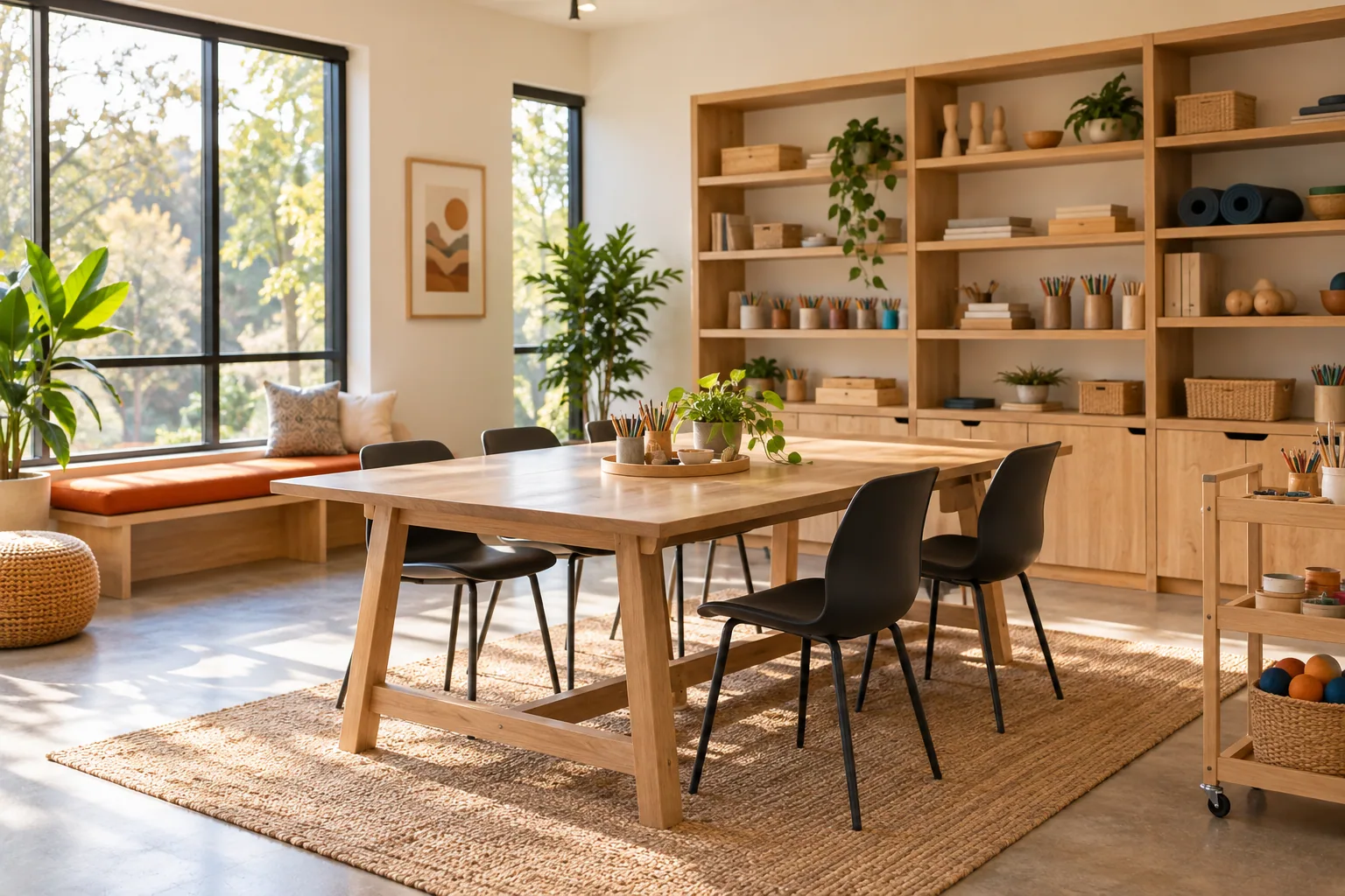 KI-generierter Ergotherapie-Aktivitätsraum mit großem Arbeitstisch, Holzregalen und orangefarbenem Sitzpolster.