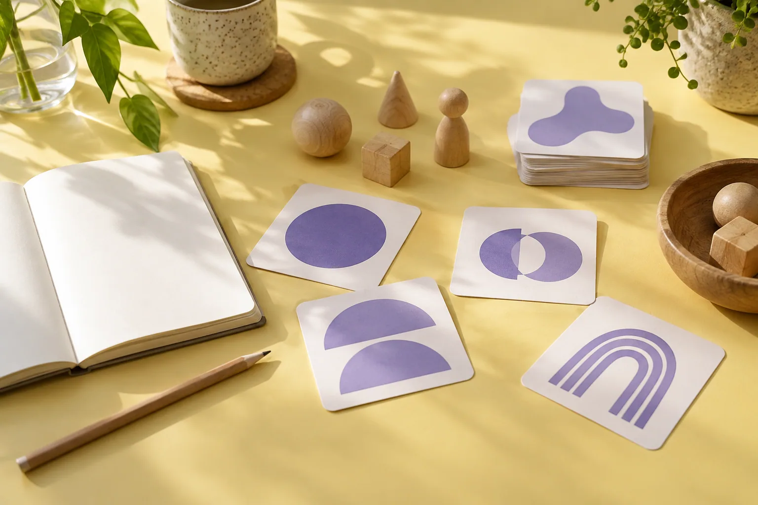 KI-generierte Bildkarten mit abstrakten Formen, Holzspielsteine und ein unbeschriftetes Notizbuch auf gelber Tischfläche.
