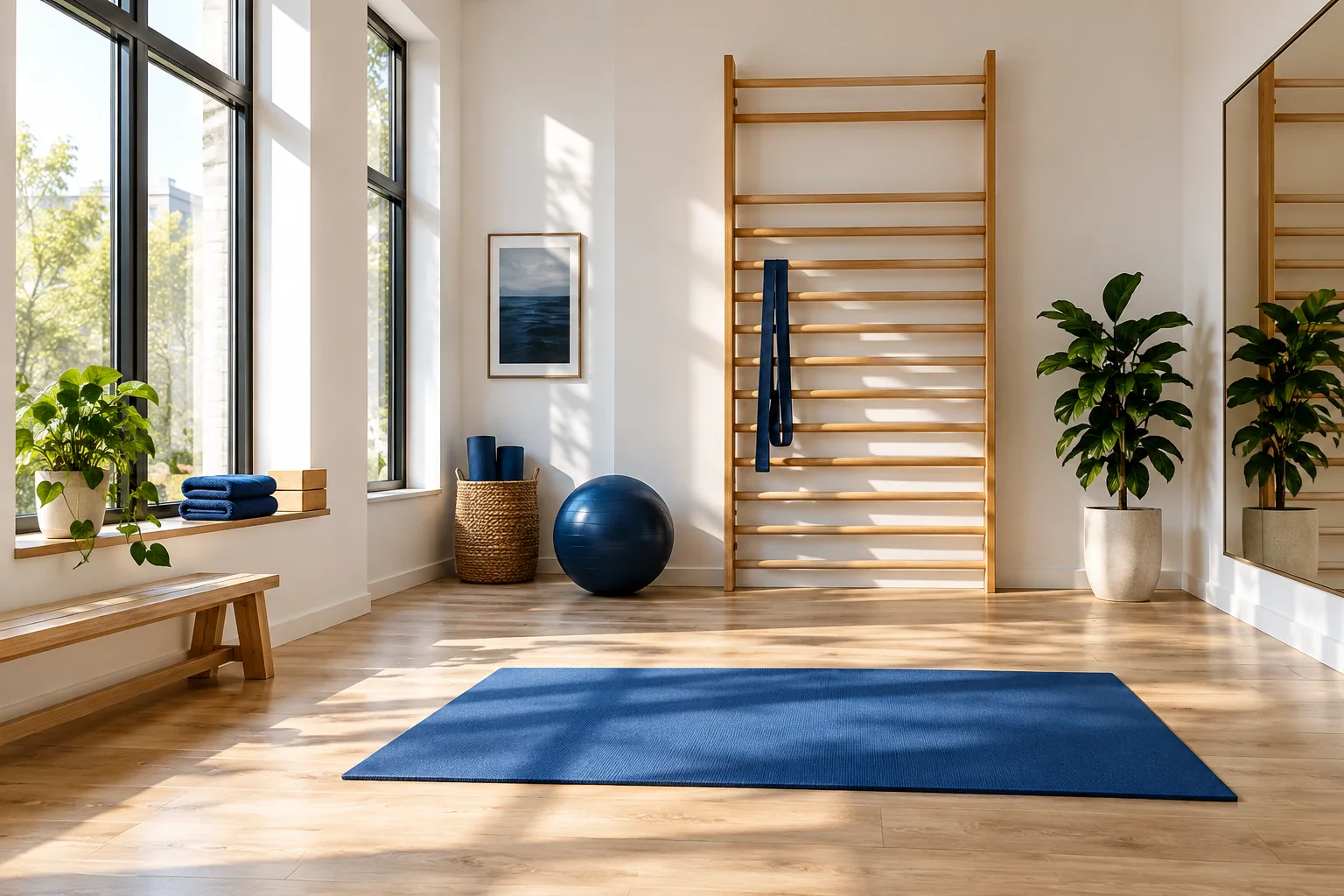 KI-generierter Physiotherapie-Bewegungsraum mit Sprossenwand, blauer Matte und Eichenboden.